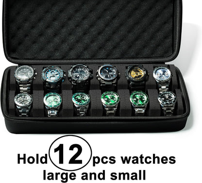 3 Slot Hard Watch Travel Case, Watch Roll Case Storage and Organizer for Men and Women, with anti-move watch pillow (Black fabric 3Slots)