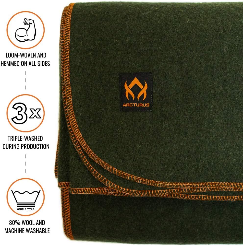 Military Wool Blanket - Warm, Thick, Washable - Great for Outdoors, Camping, Stadium Blanket, Picnics, Travel - Car & Bushcraft Survival Kits