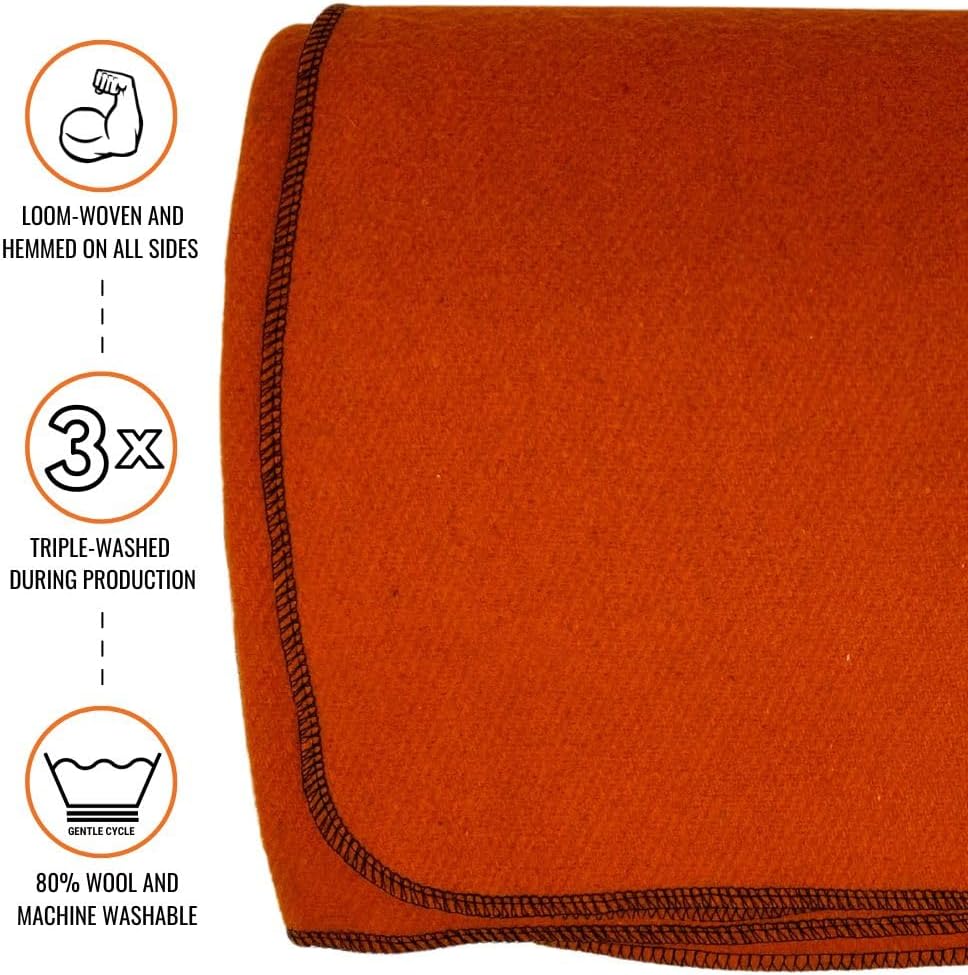 Military Wool Blanket - Warm, Thick, Washable - Great for Outdoors, Camping, Stadium Blanket, Picnics, Travel - Car & Bushcraft Survival Kits