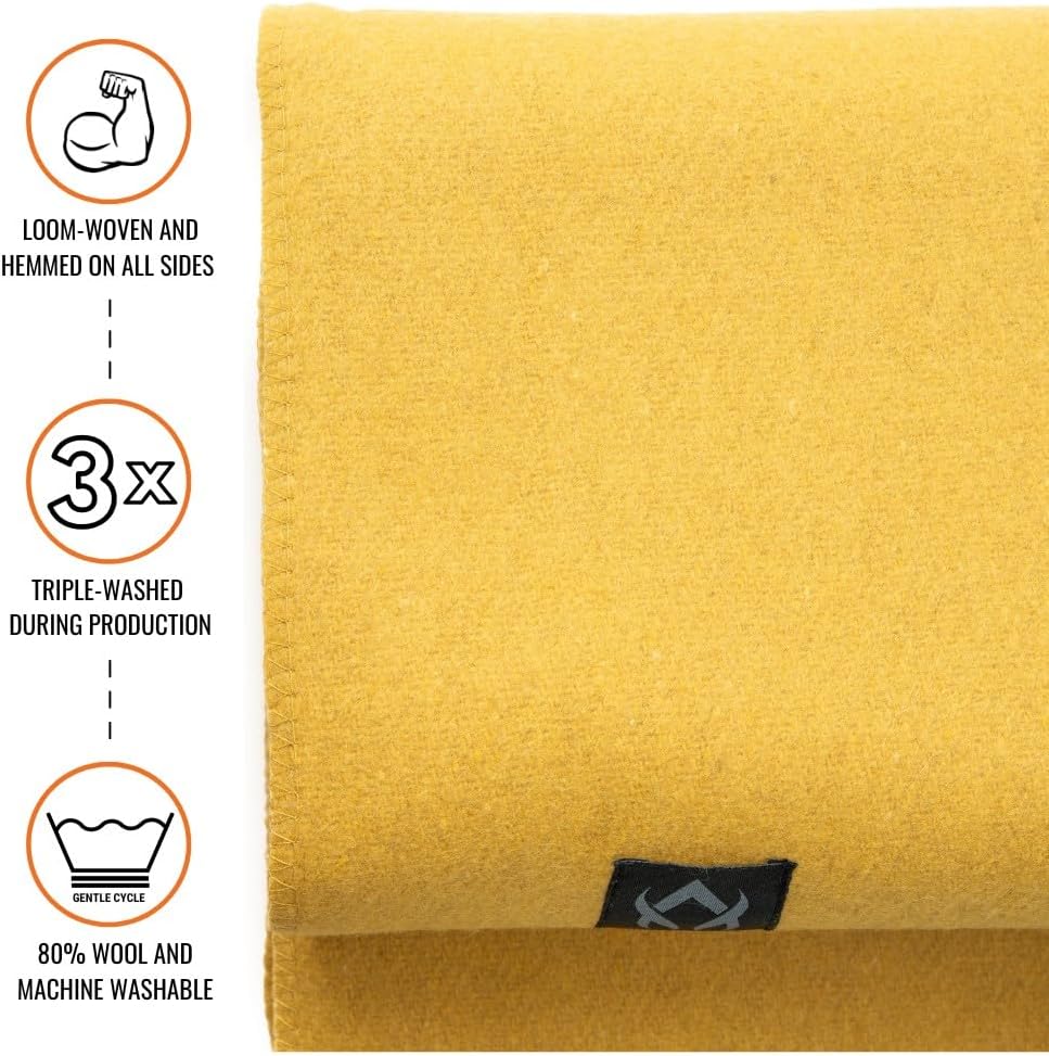 Military Wool Blanket - Warm, Thick, Washable - Great for Outdoors, Camping, Stadium Blanket, Picnics, Travel - Car & Bushcraft Survival Kits