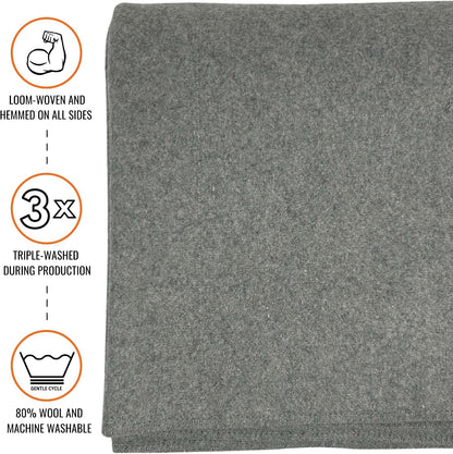 Military Wool Blanket - Warm, Thick, Washable - Great for Outdoors, Camping, Stadium Blanket, Picnics, Travel - Car & Bushcraft Survival Kits