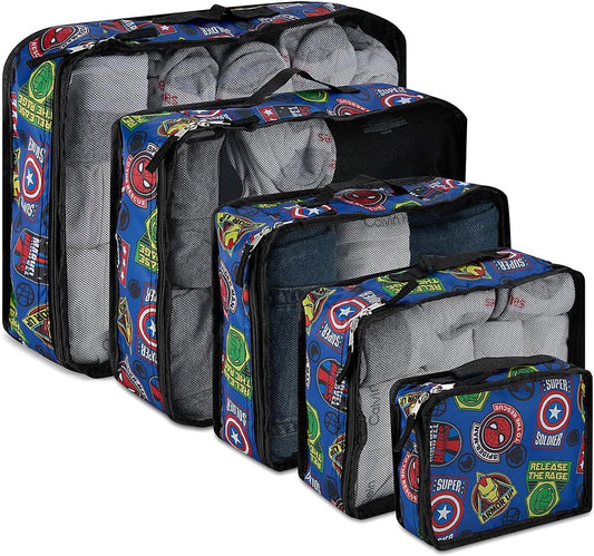 Comics 5-Piece Packing Cube Set - Spiderman, Ironman, Captain America - 5 Piece Packing Cubes Compression Travel Essential Accessories - Luggage Suitcase Organizer Set - For Kids, Adults