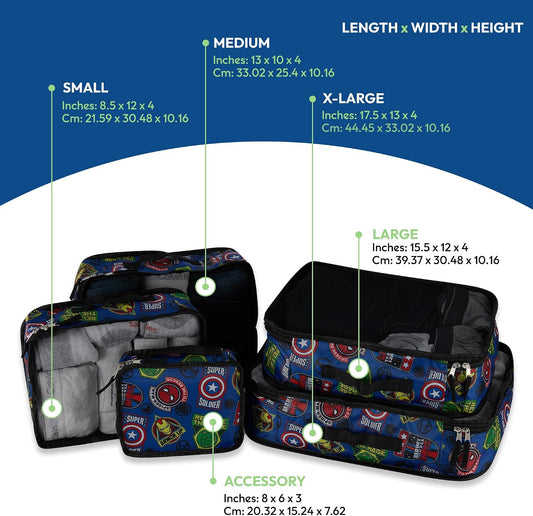 Comics 5-Piece Packing Cube Set - Spiderman, Ironman, Captain America - 5 Piece Packing Cubes Compression Travel Essential Accessories - Luggage Suitcase Organizer Set - For Kids, Adults