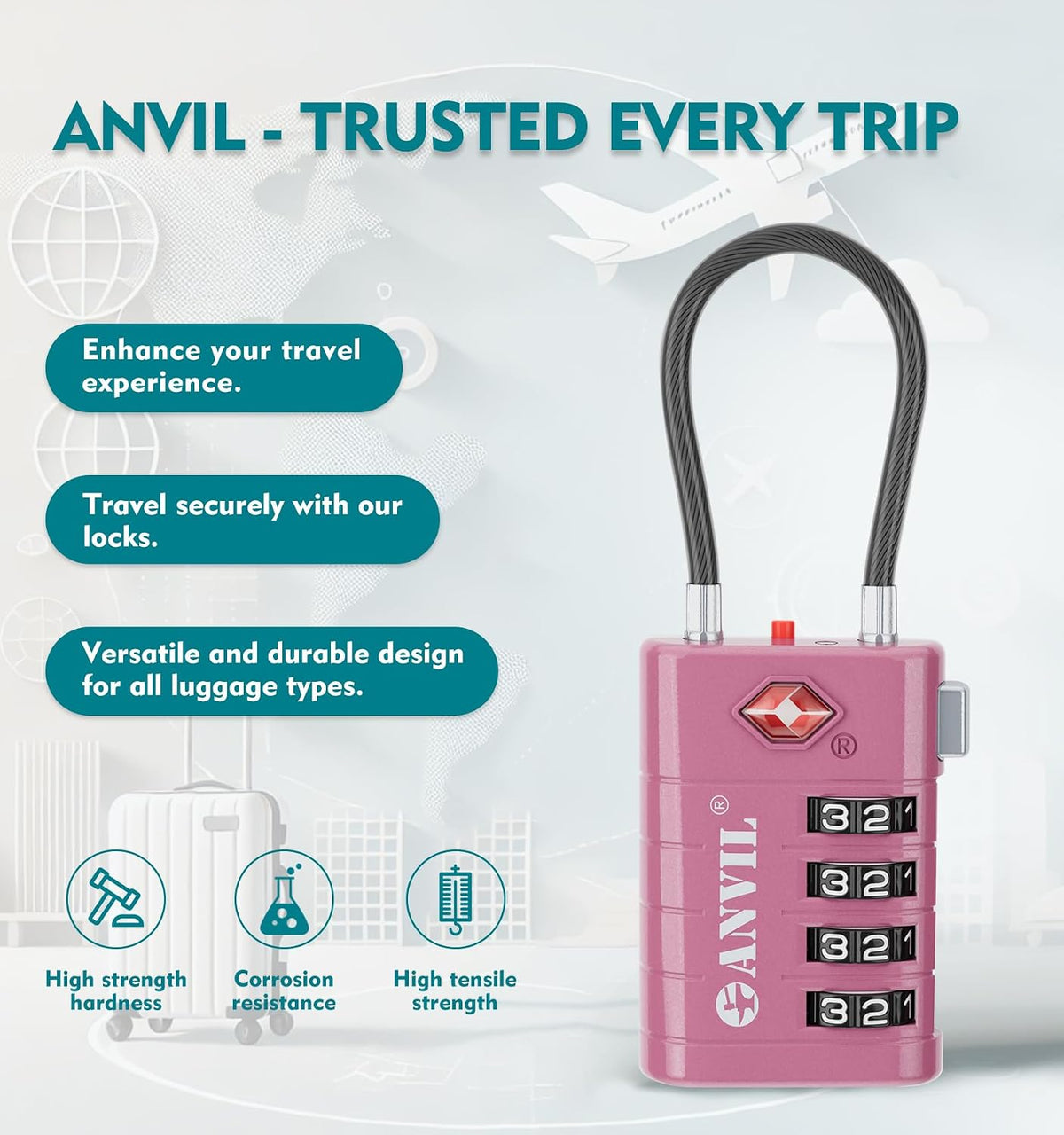 TSA Approved Luggage Locks with Search Alert Indicator, 4-Digit Combination Suitcase Lock, Advanced TSA008 Core Heavy Duty Anti-Theft Travel Lock for Double Zippers, Backpacks