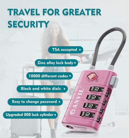 TSA Approved Luggage Locks with Search Alert Indicator, 4-Digit Combination Suitcase Lock, Advanced TSA008 Core Heavy Duty Anti-Theft Travel Lock for Double Zippers, Backpacks