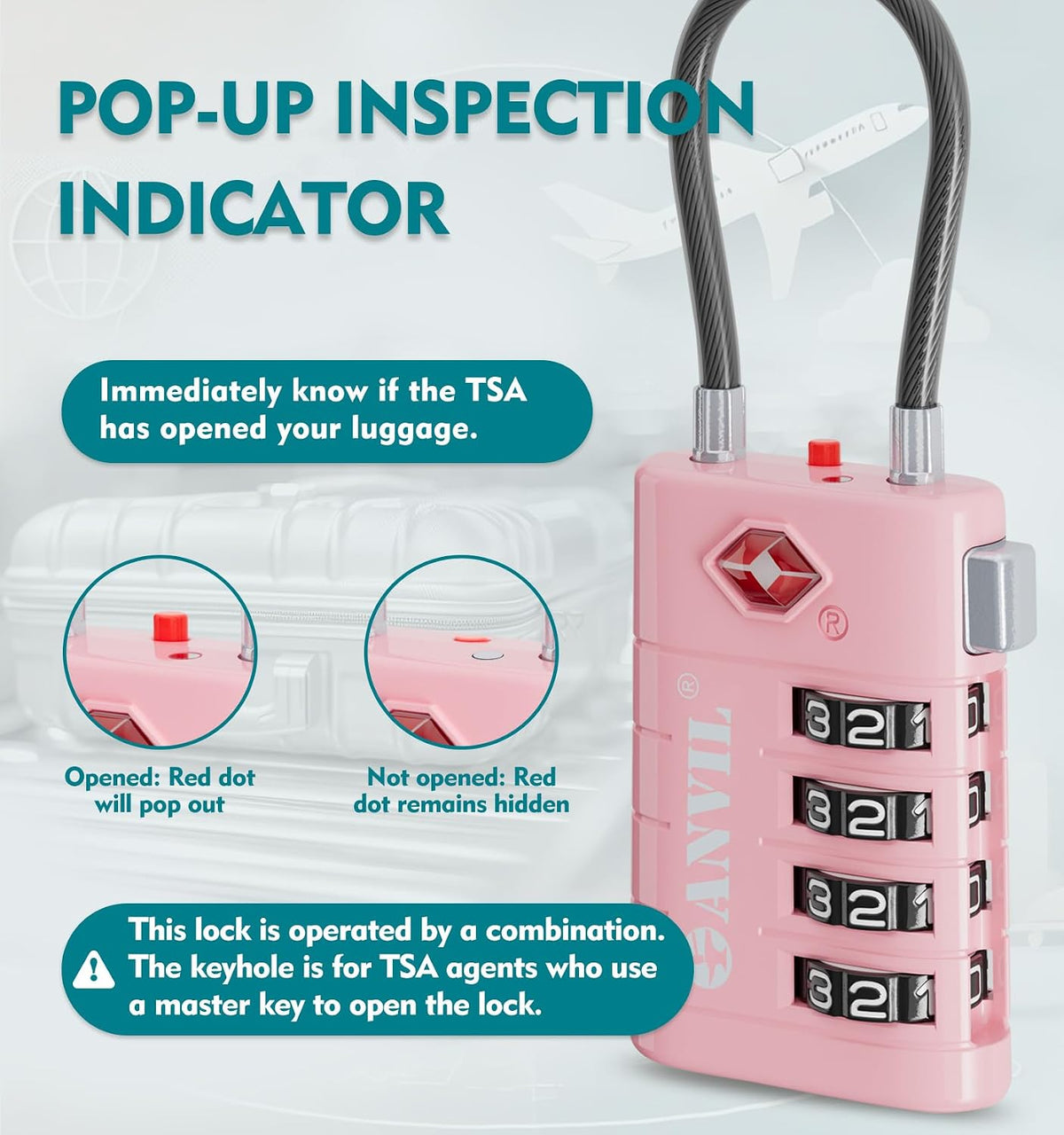TSA Approved Luggage Locks with Search Alert Indicator, 4-Digit Combination Suitcase Lock, Advanced TSA008 Core Heavy Duty Anti-Theft Travel Lock for Double Zippers, Backpacks