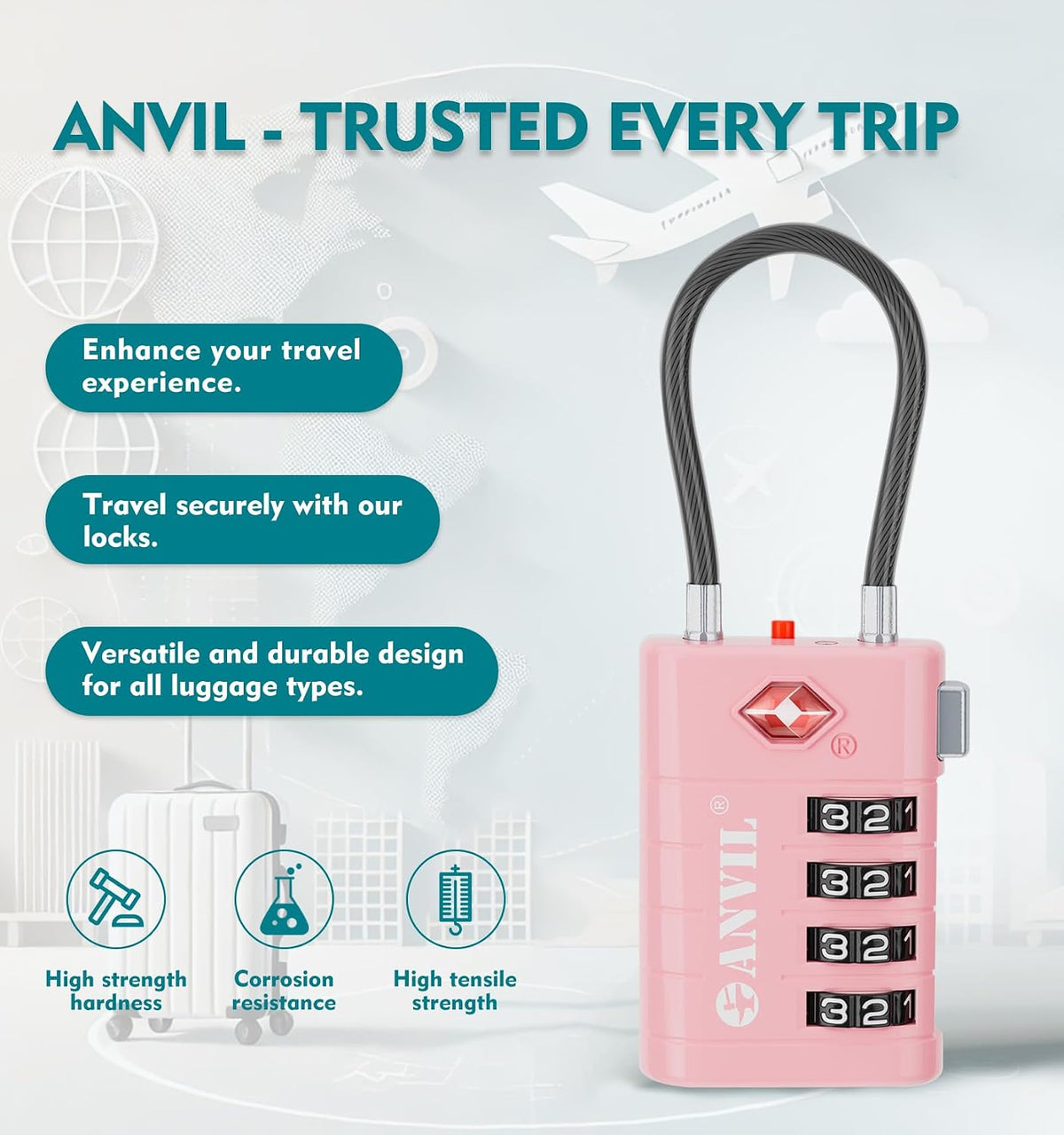 TSA Approved Luggage Locks with Search Alert Indicator, 4-Digit Combination Suitcase Lock, Advanced TSA008 Core Heavy Duty Anti-Theft Travel Lock for Double Zippers, Backpacks
