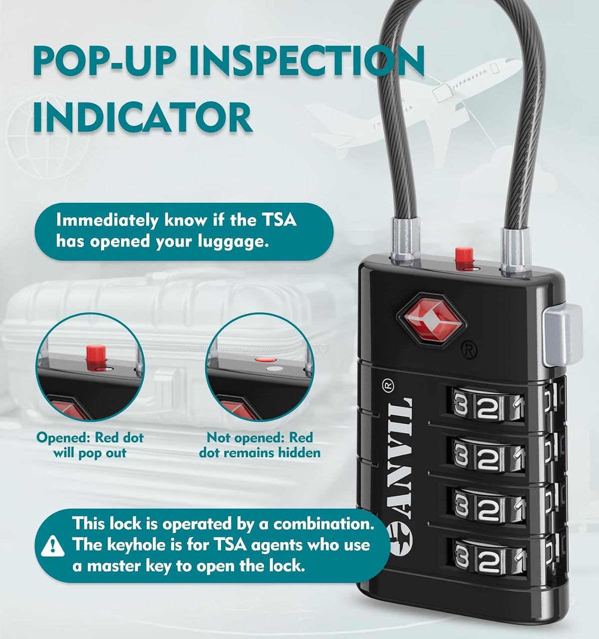 TSA Approved Luggage Locks with Search Alert Indicator, 4-Digit Combination Suitcase Lock, Advanced TSA008 Core Heavy Duty Anti-Theft Travel Lock for Double Zippers, Backpacks