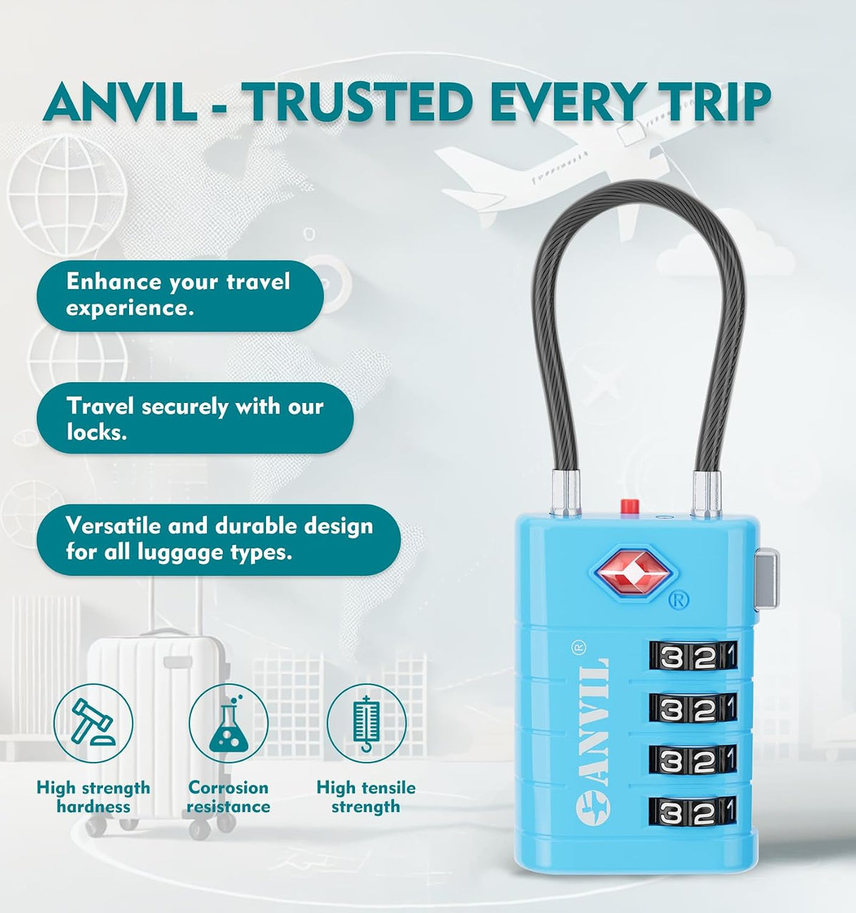 TSA Approved Luggage Locks with Search Alert Indicator, 4-Digit Combination Suitcase Lock, Advanced TSA008 Core Heavy Duty Anti-Theft Travel Lock for Double Zippers, Backpacks