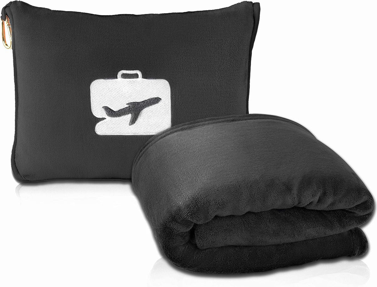 Travel Blanket and Pillow - Ultra-Soft, Compact & Lightweight, 65x40 Inches, with Carry Case, Luggage Sleeve & Backpack Clip for Airplane Comfort (Black)
