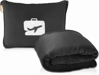 Travel Blanket and Pillow - Ultra-Soft, Compact & Lightweight, 65x40 Inches, with Carry Case, Luggage Sleeve & Backpack Clip for Airplane Comfort (Black)