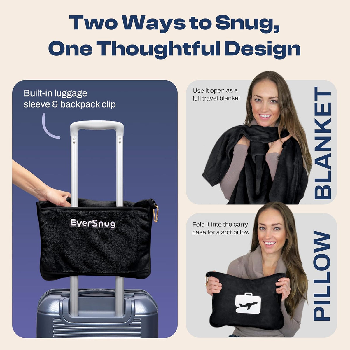 Travel Blanket and Pillow - Ultra-Soft, Compact & Lightweight, 65x40 Inches, with Carry Case, Luggage Sleeve & Backpack Clip for Airplane Comfort (Black)