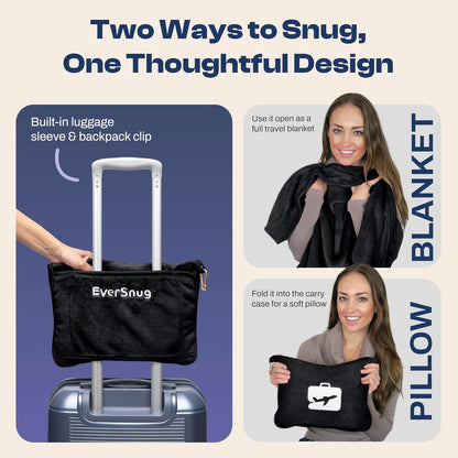 Travel Blanket and Pillow - Ultra-Soft, Compact & Lightweight, 65x40 Inches, with Carry Case, Luggage Sleeve & Backpack Clip for Airplane Comfort (Black)