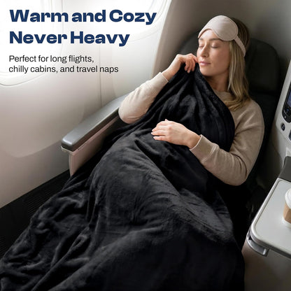 Travel Blanket and Pillow - Ultra-Soft, Compact & Lightweight, 65x40 Inches, with Carry Case, Luggage Sleeve & Backpack Clip for Airplane Comfort (Black)