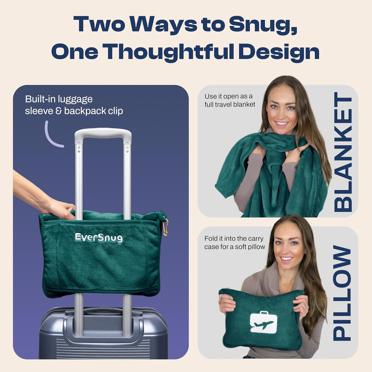 Travel Blanket and Pillow - Ultra-Soft, Compact & Lightweight, 65x40 Inches, with Carry Case, Luggage Sleeve & Backpack Clip for Airplane Comfort (Black)