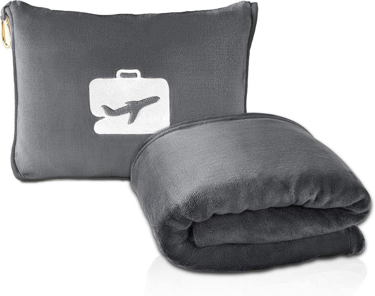 Travel Blanket and Pillow - Ultra-Soft, Compact & Lightweight, 65x40 Inches, with Carry Case, Luggage Sleeve & Backpack Clip for Airplane Comfort (Black)