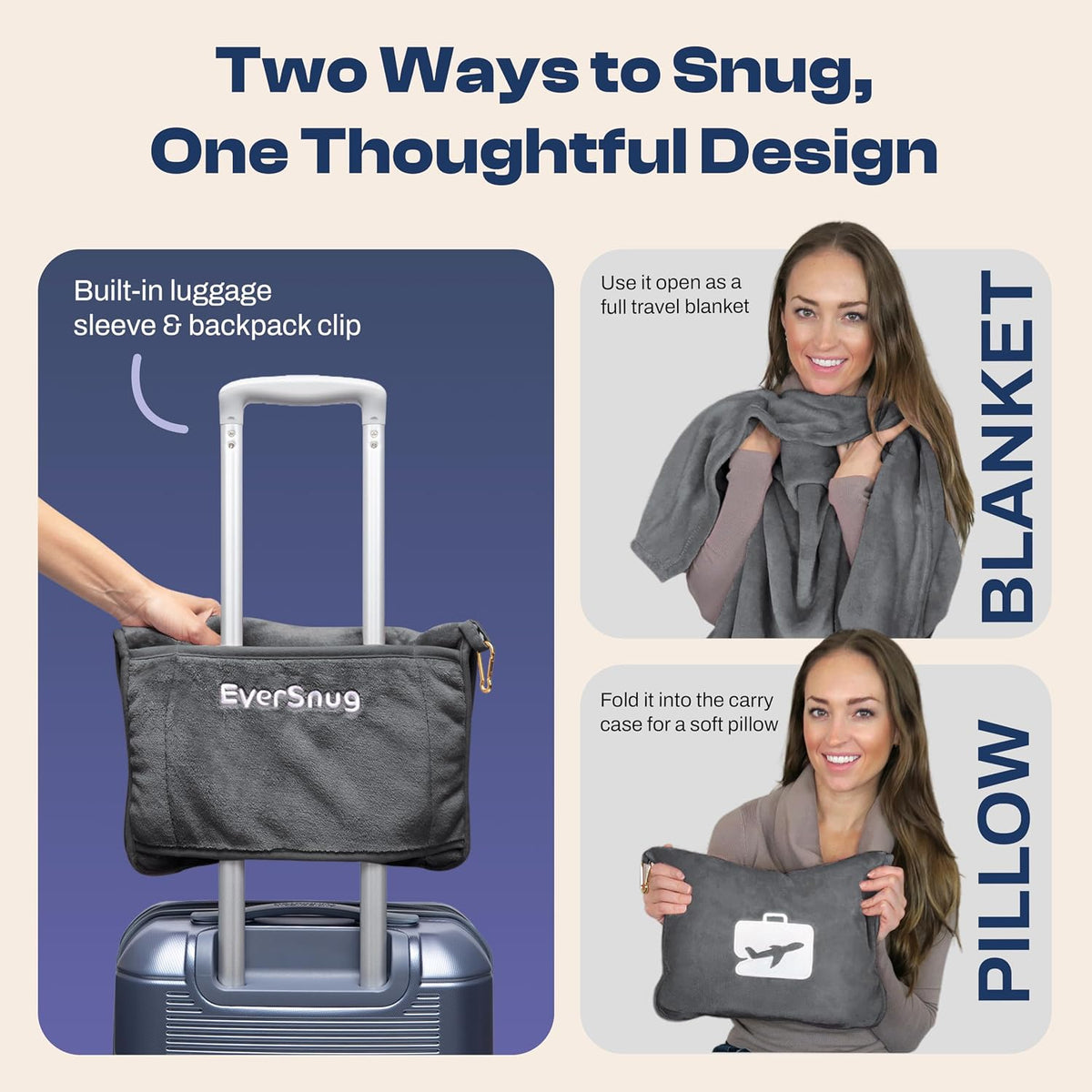 Travel Blanket and Pillow - Ultra-Soft, Compact & Lightweight, 65x40 Inches, with Carry Case, Luggage Sleeve & Backpack Clip for Airplane Comfort (Black)