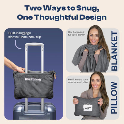 Travel Blanket and Pillow - Ultra-Soft, Compact & Lightweight, 65x40 Inches, with Carry Case, Luggage Sleeve & Backpack Clip for Airplane Comfort (Black)
