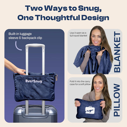 Travel Blanket and Pillow - Ultra-Soft, Compact & Lightweight, 65x40 Inches, with Carry Case, Luggage Sleeve & Backpack Clip for Airplane Comfort (Black)