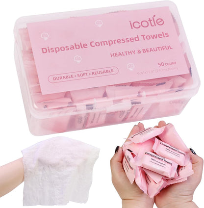 50 Pcs Compressed Towels Disposable Cotton Coin Tissue Pack, Portable Face Cloths, Soft Thick Expandable Wash Towels for Travel, Home, Camping, Outdoor, Gym, Makeup Removal