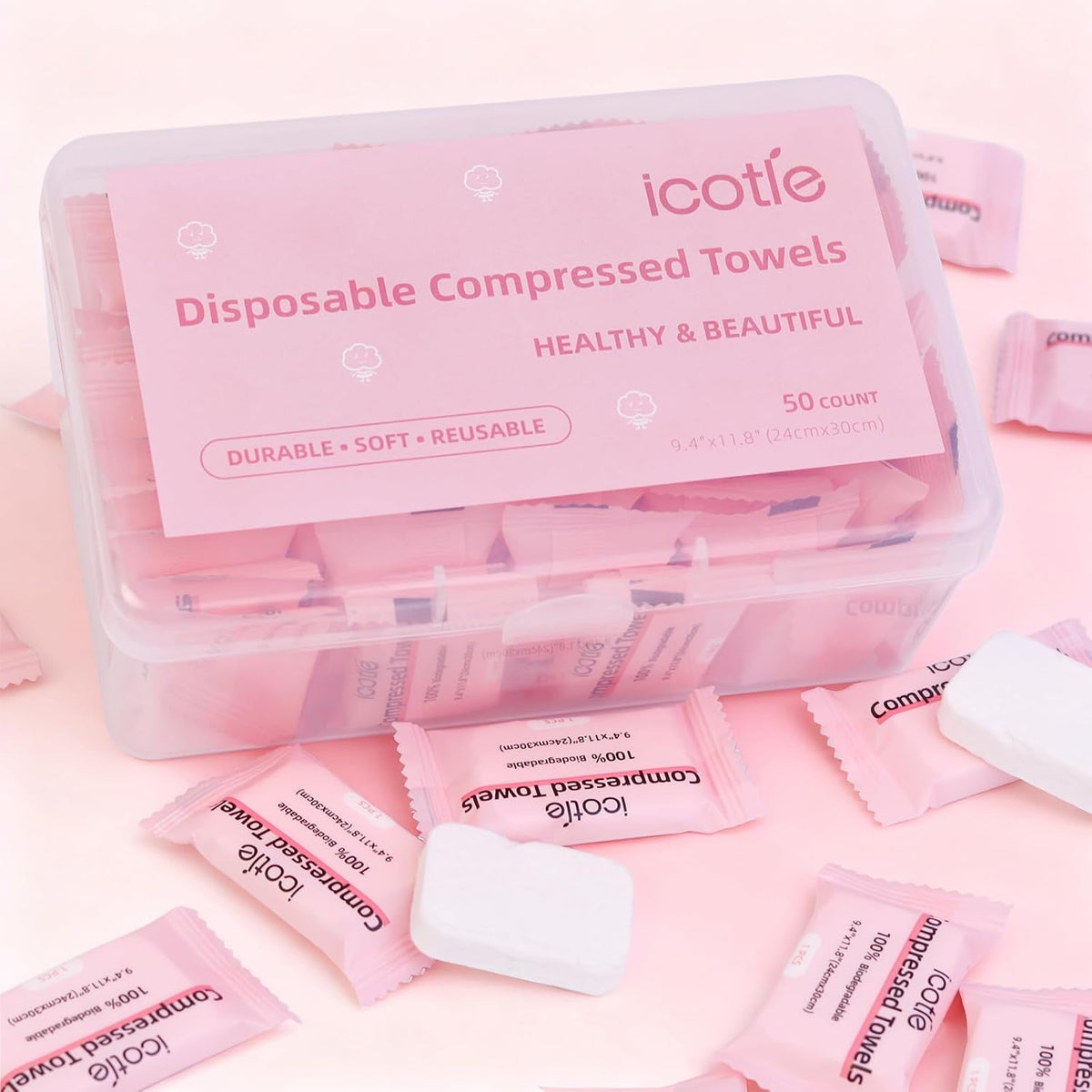 50 Pcs Compressed Towels Disposable Cotton Coin Tissue Pack, Portable Face Cloths, Soft Thick Expandable Wash Towels for Travel, Home, Camping, Outdoor, Gym, Makeup Removal