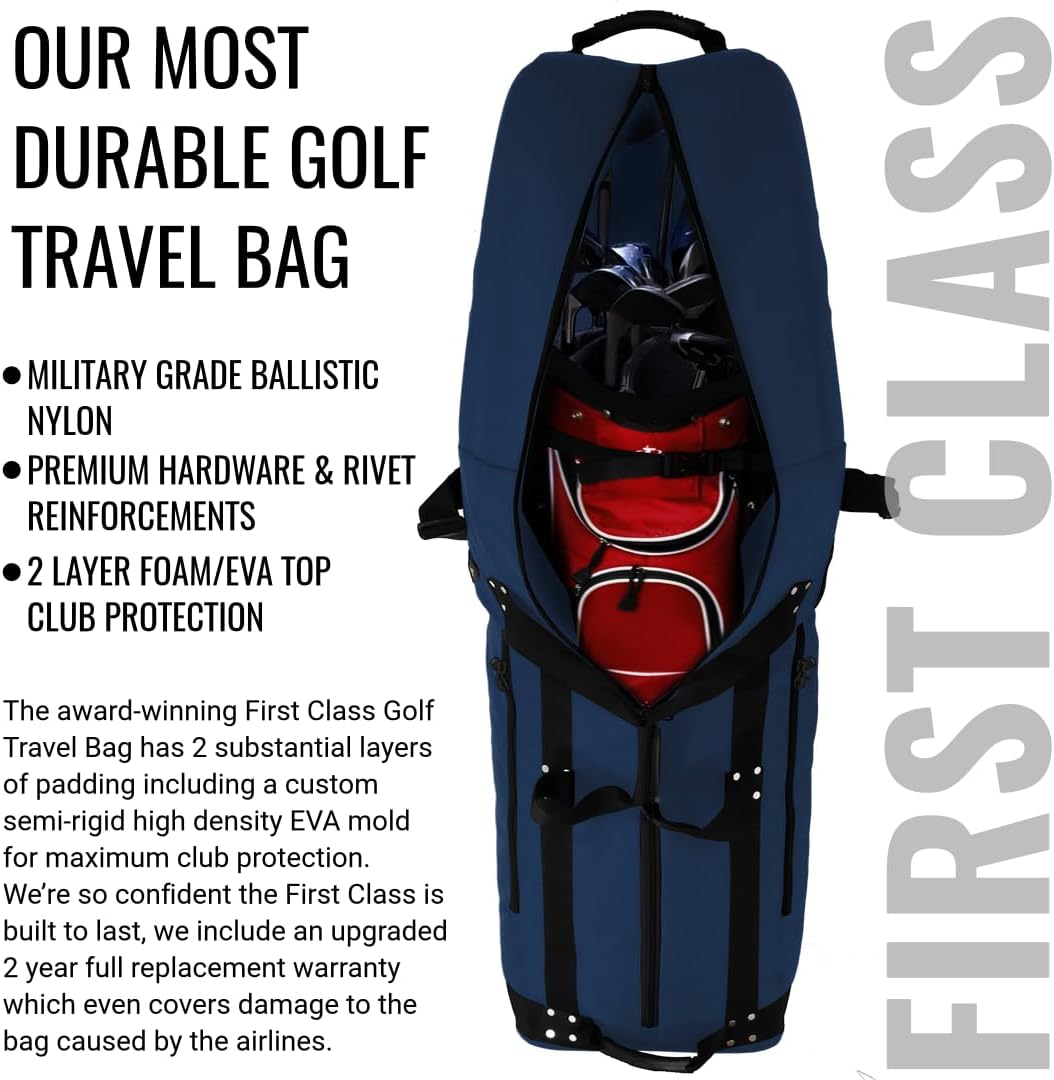 First Class Military Grade Ballistic Nylon Travel Cover with EVA Dense Foam Top Padding 2 Year Full Replacement Coverage Self Standing Base XL Wheels Case for Transporting Clubs on Airlines