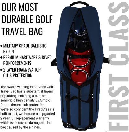 First Class Military Grade Ballistic Nylon Travel Cover with EVA Dense Foam Top Padding 2 Year Full Replacement Coverage Self Standing Base XL Wheels Case for Transporting Clubs on Airlines