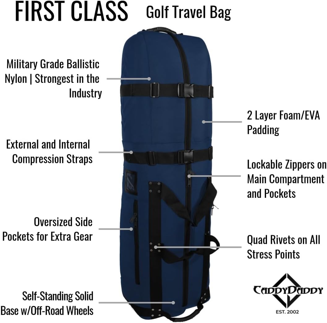 First Class Military Grade Ballistic Nylon Travel Cover with EVA Dense Foam Top Padding 2 Year Full Replacement Coverage Self Standing Base XL Wheels Case for Transporting Clubs on Airlines
