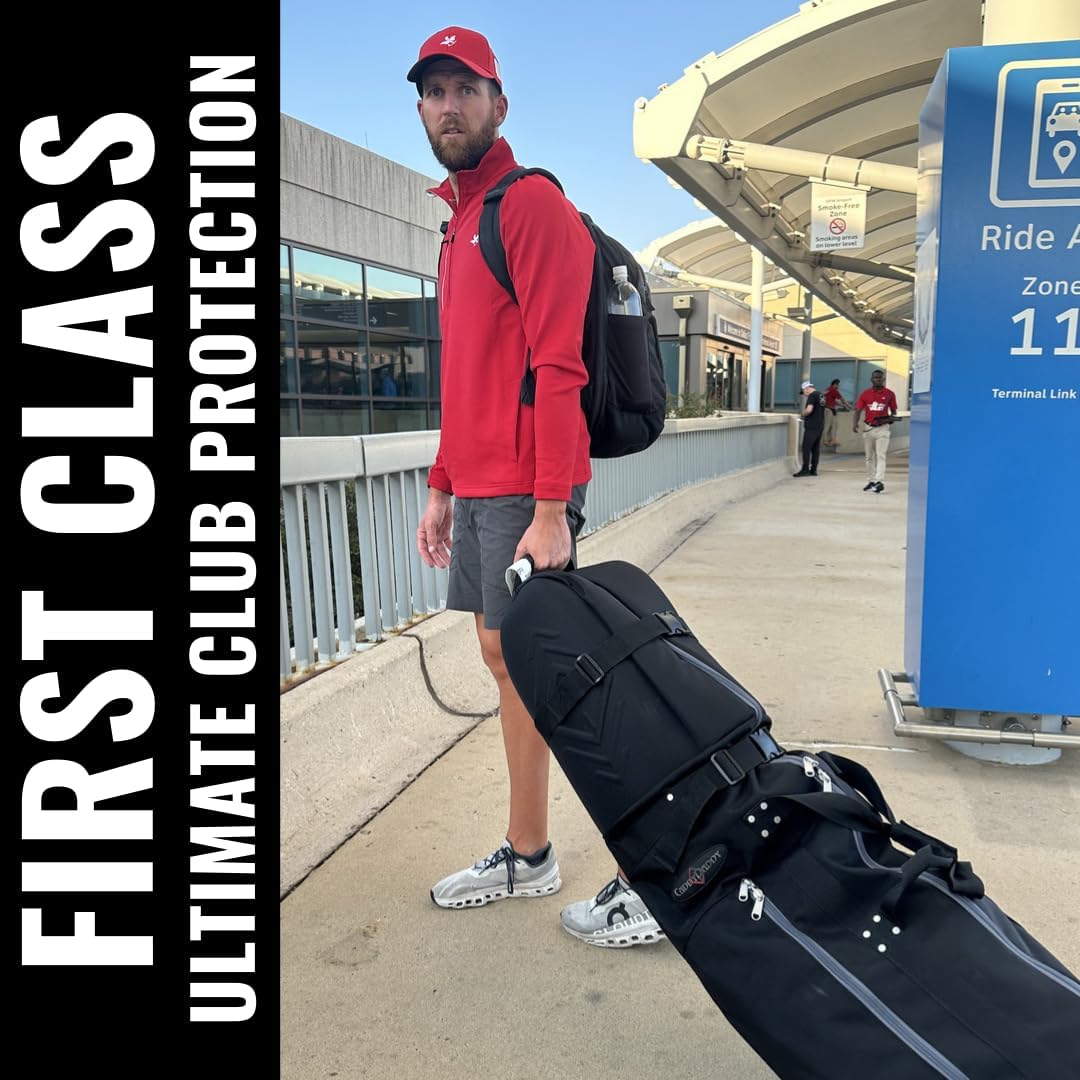 First Class Military Grade Ballistic Nylon Travel Cover with EVA Dense Foam Top Padding 2 Year Full Replacement Coverage Self Standing Base XL Wheels Case for Transporting Clubs on Airlines
