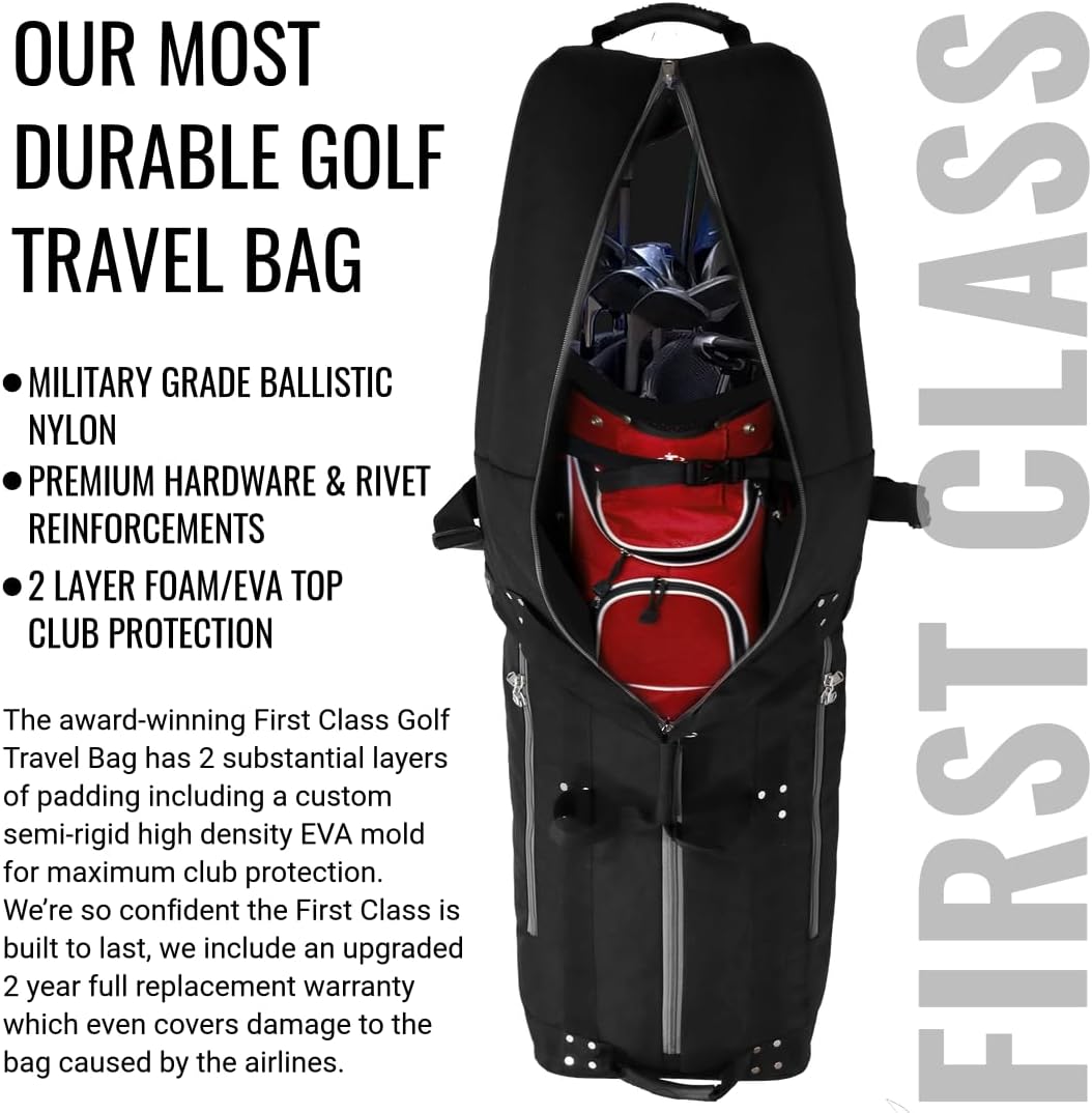 First Class Military Grade Ballistic Nylon Travel Cover with EVA Dense Foam Top Padding 2 Year Full Replacement Coverage Self Standing Base XL Wheels Case for Transporting Clubs on Airlines