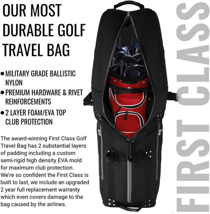First Class Military Grade Ballistic Nylon Travel Cover with EVA Dense Foam Top Padding 2 Year Full Replacement Coverage Self Standing Base XL Wheels Case for Transporting Clubs on Airlines