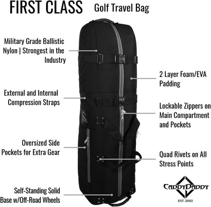First Class Military Grade Ballistic Nylon Travel Cover with EVA Dense Foam Top Padding 2 Year Full Replacement Coverage Self Standing Base XL Wheels Case for Transporting Clubs on Airlines