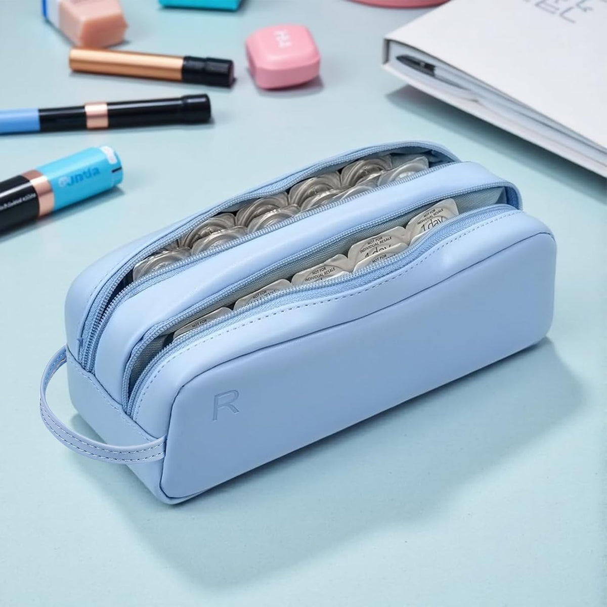 Daily Contact Lens Organizer case,Portable Storage Case for Disposable Daily Contact Lenses, Travel Storage Case with Clearly Labeled R & L, Storage up to 60 lenses (Blue)
