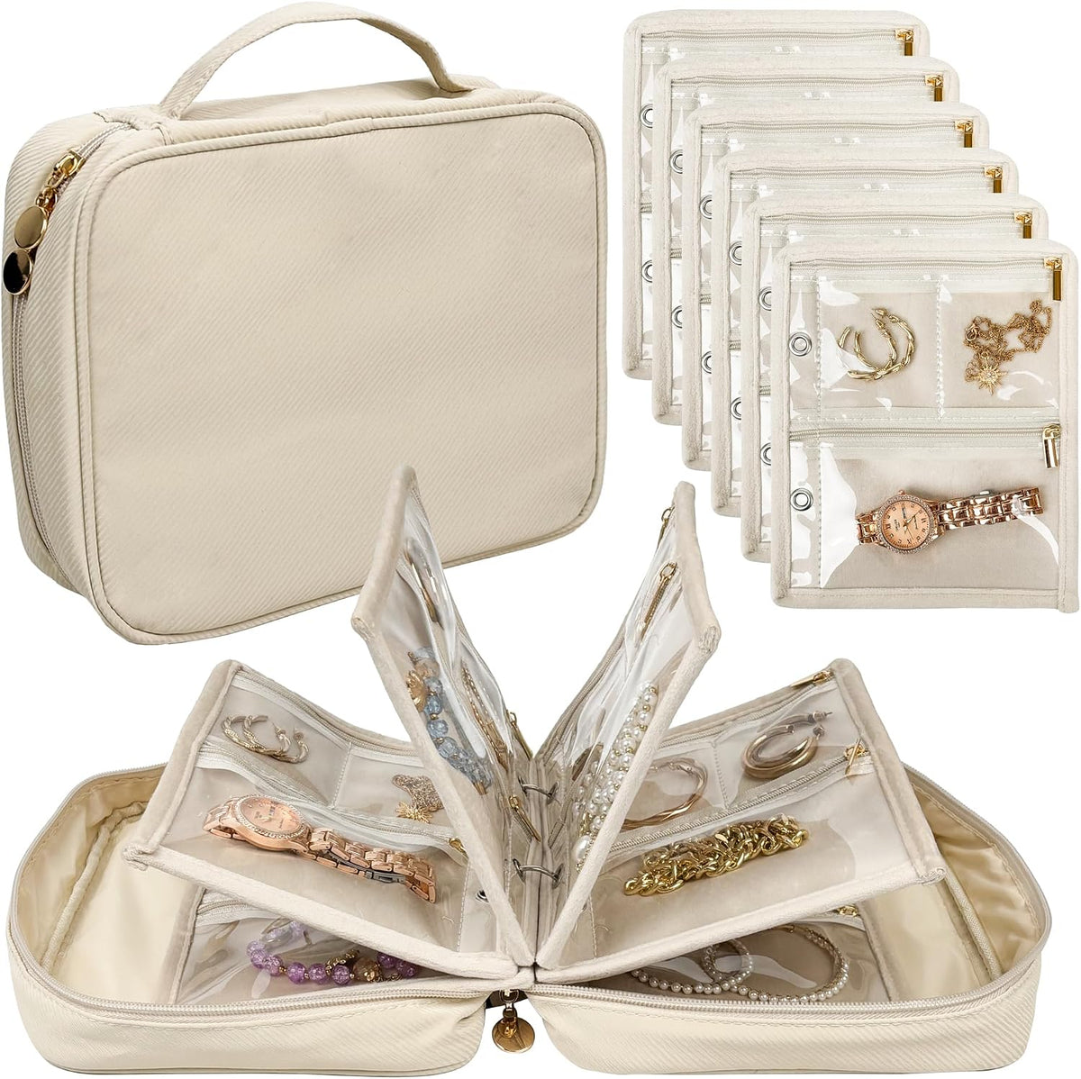 Travel Jewelry Organizer Case,Jewelry Bags Jewelry Storage Book Binder with Clear Zipper Velvet Pouch for Traveling,Earrings, Rings, Necklace, Bracelet