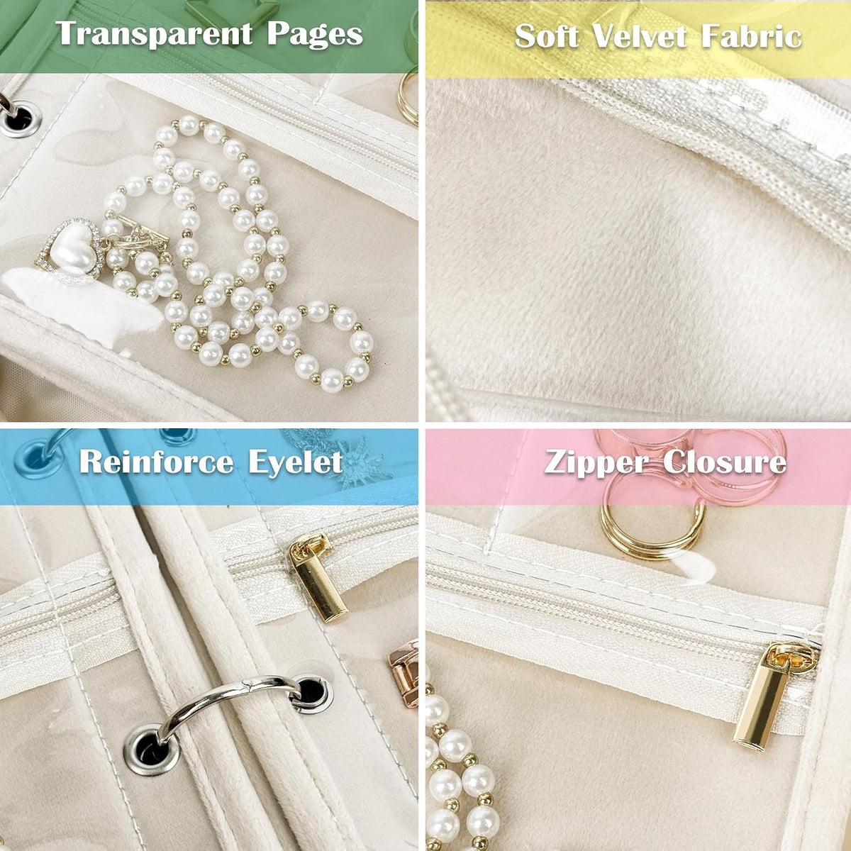 Travel Jewelry Organizer Case,Jewelry Bags Jewelry Storage Book Binder with Clear Zipper Velvet Pouch for Traveling,Earrings, Rings, Necklace, Bracelet