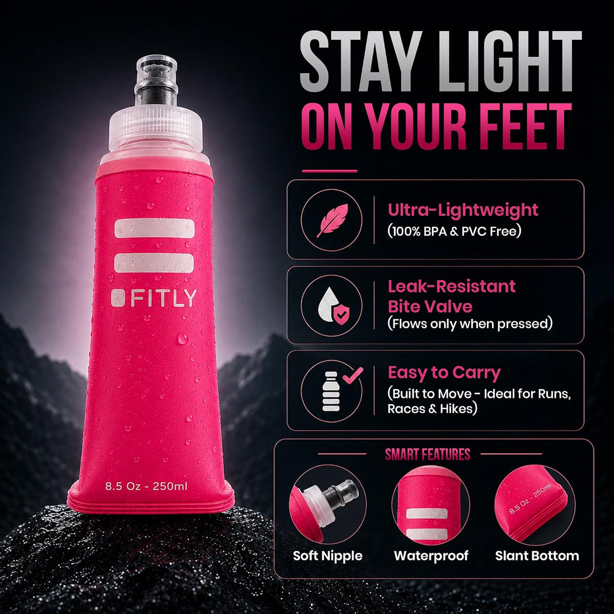 Soft Flask - Shrink As You Drink Soft Water Bottle for Hydration Pack - Folding Water Bottle Ideal for Running, Hiking, Cycling, Climbing & Rigorous Activity