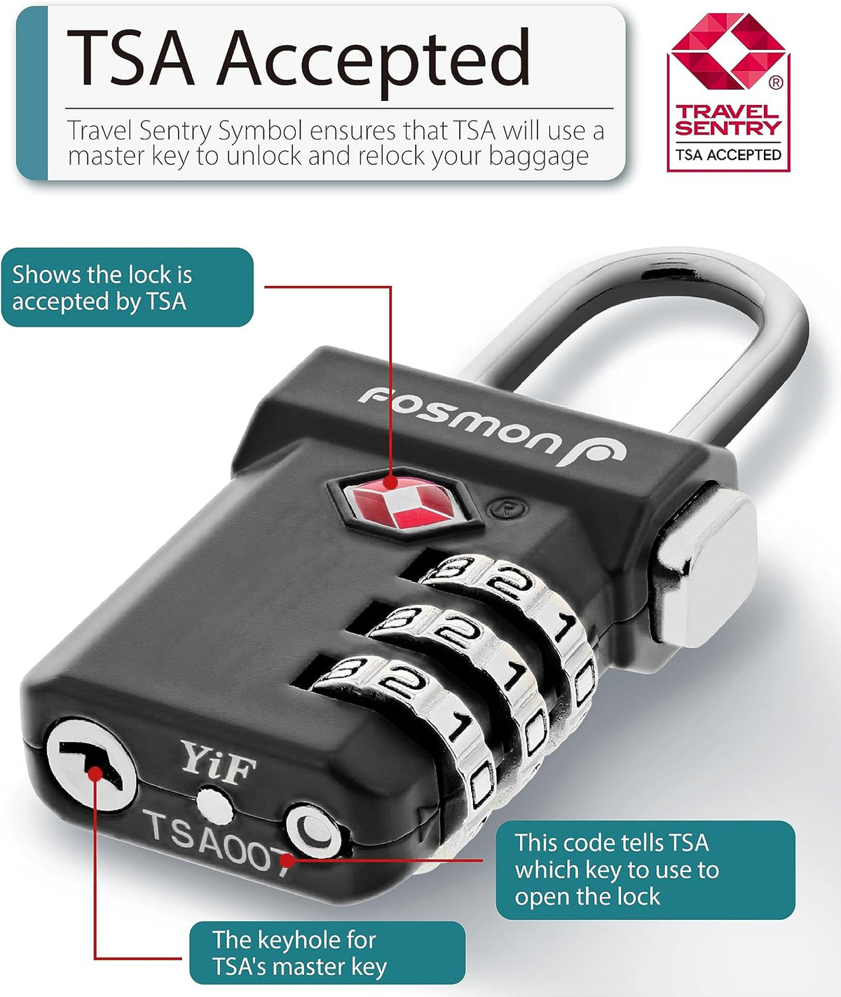 TSA Approved Luggage Locks, 3-Digit Combination Padlock