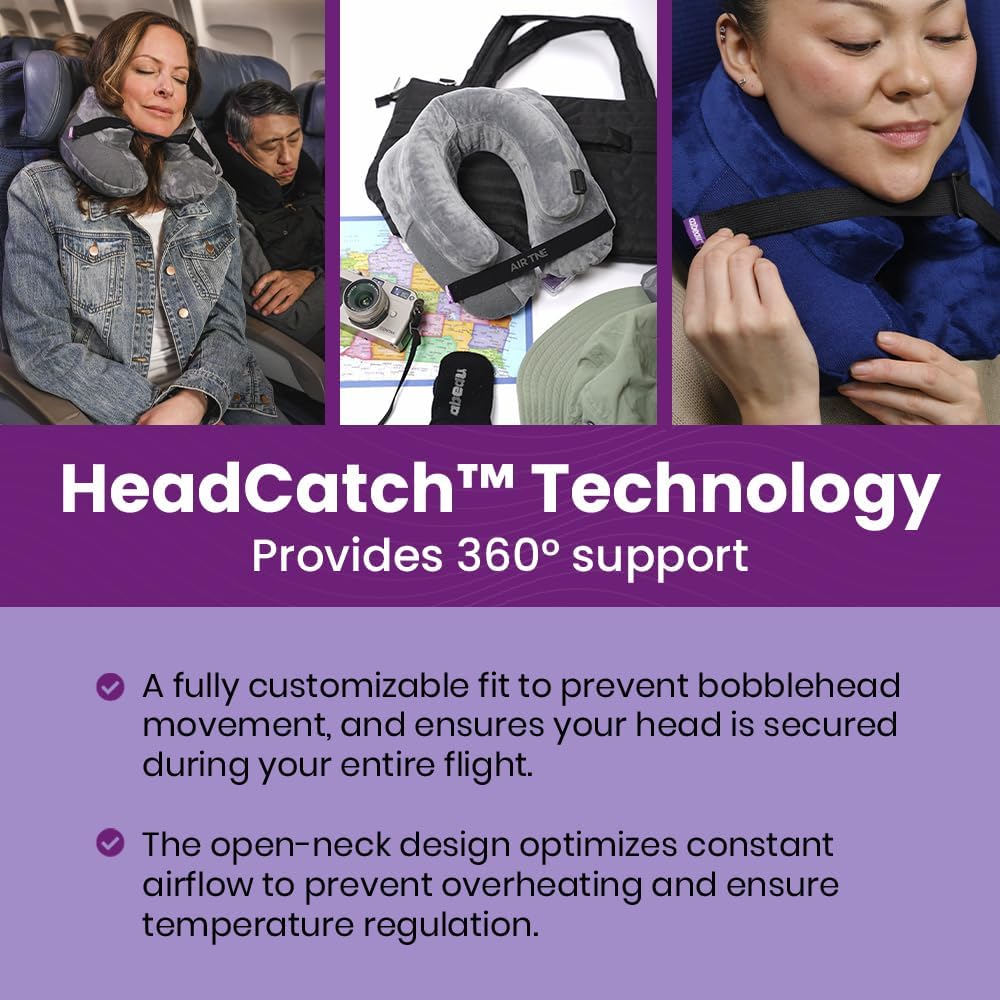 Inflatable Travel Pillow – Air TNE – Adjustable, Lightweight, and Supportive for Sleeping on Airplanes, Trains, and Cars– Customized Fit and Compact Carrying Case (Slate Grey)