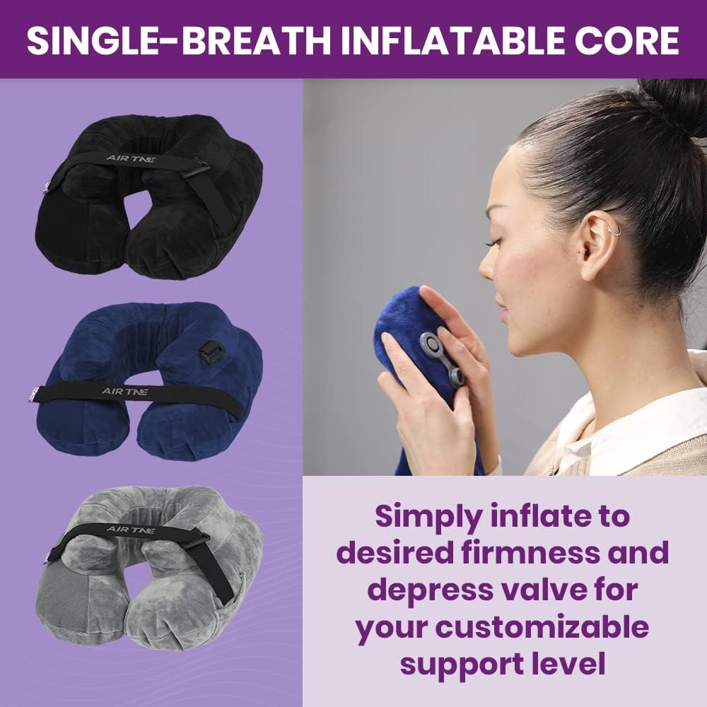 Inflatable Travel Pillow – Air TNE – Adjustable, Lightweight, and Supportive for Sleeping on Airplanes, Trains, and Cars– Customized Fit and Compact Carrying Case (Slate Grey)