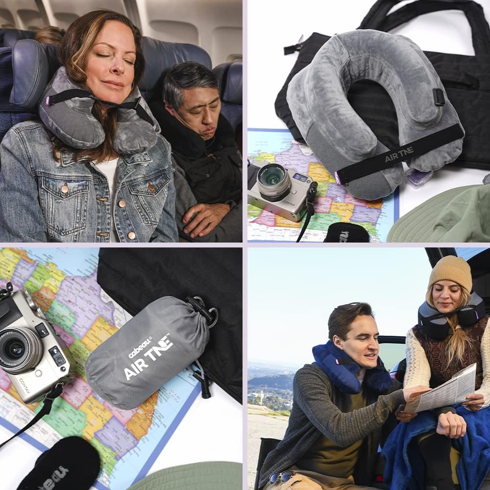 Inflatable Travel Pillow – Air TNE – Adjustable, Lightweight, and Supportive for Sleeping on Airplanes, Trains, and Cars– Customized Fit and Compact Carrying Case (Slate Grey)