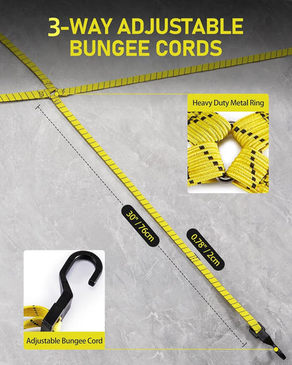 48" Black Adjustable Carabiner Bungee Cords with Hooks, 8 Pack