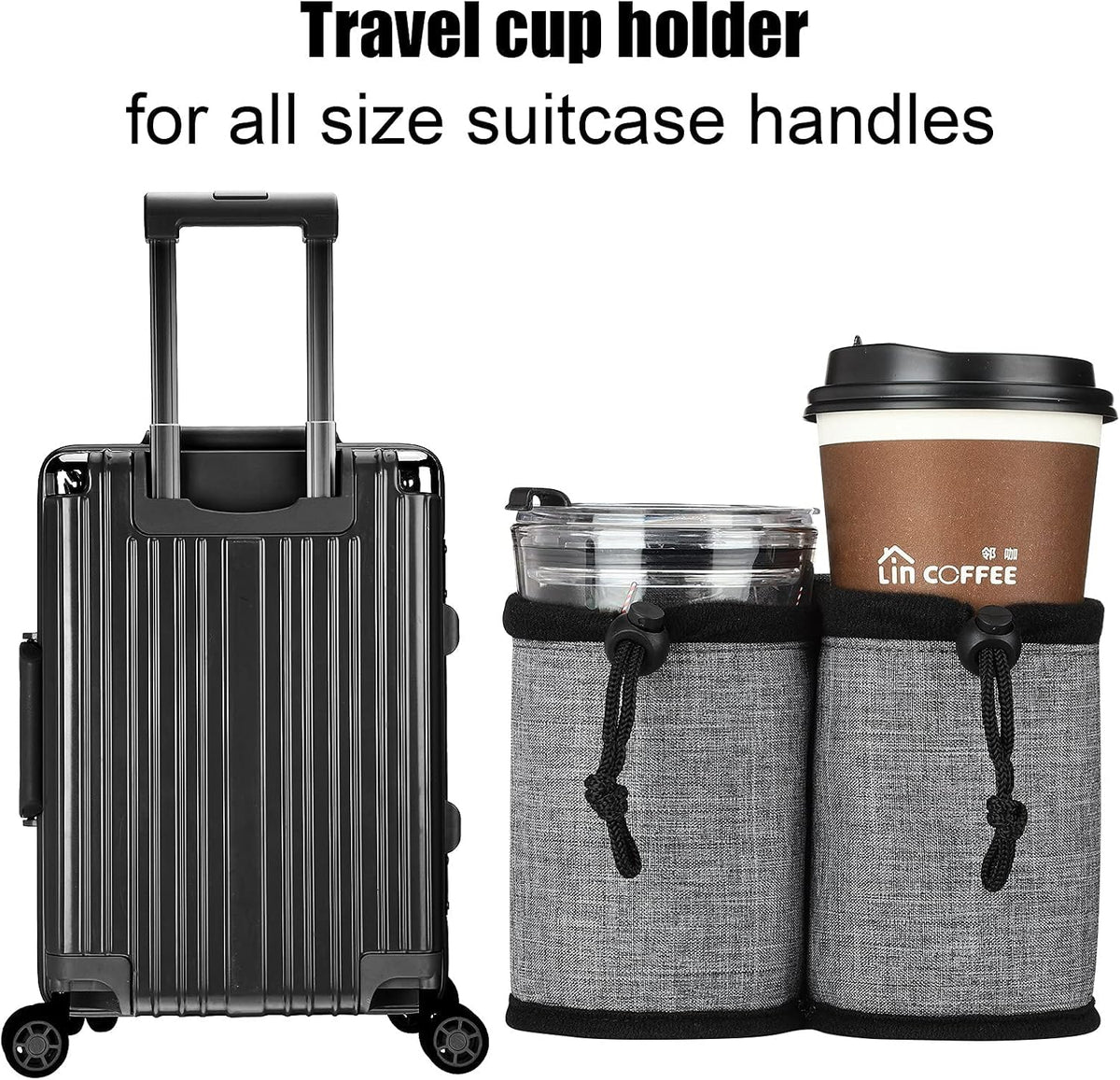 Luggage Cup Holder Travel Essentials Cup Holder, Hands-Free Drink Holder with 2 Coffee Mugs Tightening Drawstring, Accessory for Flying & Travelers - Travel Luggage Accessories (Grey)