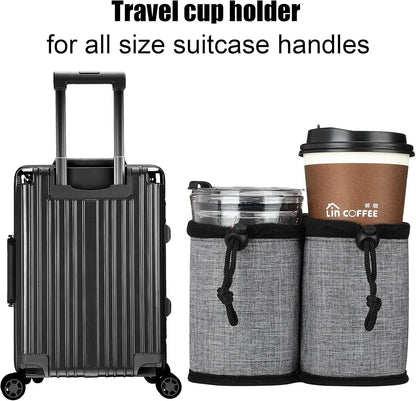 Luggage Cup Holder Travel Essentials Cup Holder, Hands-Free Drink Holder with 2 Coffee Mugs Tightening Drawstring, Accessory for Flying & Travelers - Travel Luggage Accessories (Grey)