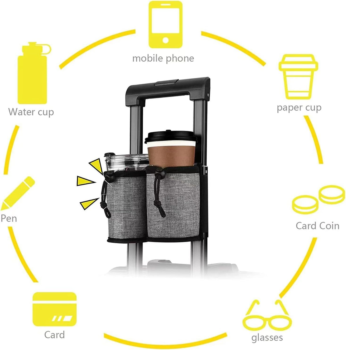 Luggage Cup Holder Travel Essentials Cup Holder, Hands-Free Drink Holder with 2 Coffee Mugs Tightening Drawstring, Accessory for Flying & Travelers - Travel Luggage Accessories (Grey)