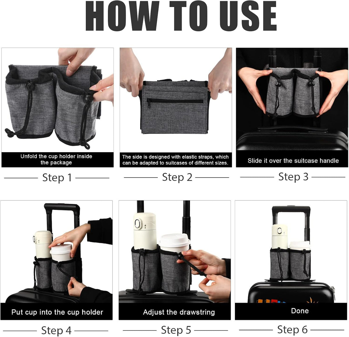 Luggage Cup Holder Travel Essentials Cup Holder, Hands-Free Drink Holder with 2 Coffee Mugs Tightening Drawstring, Accessory for Flying & Travelers - Travel Luggage Accessories (Grey)