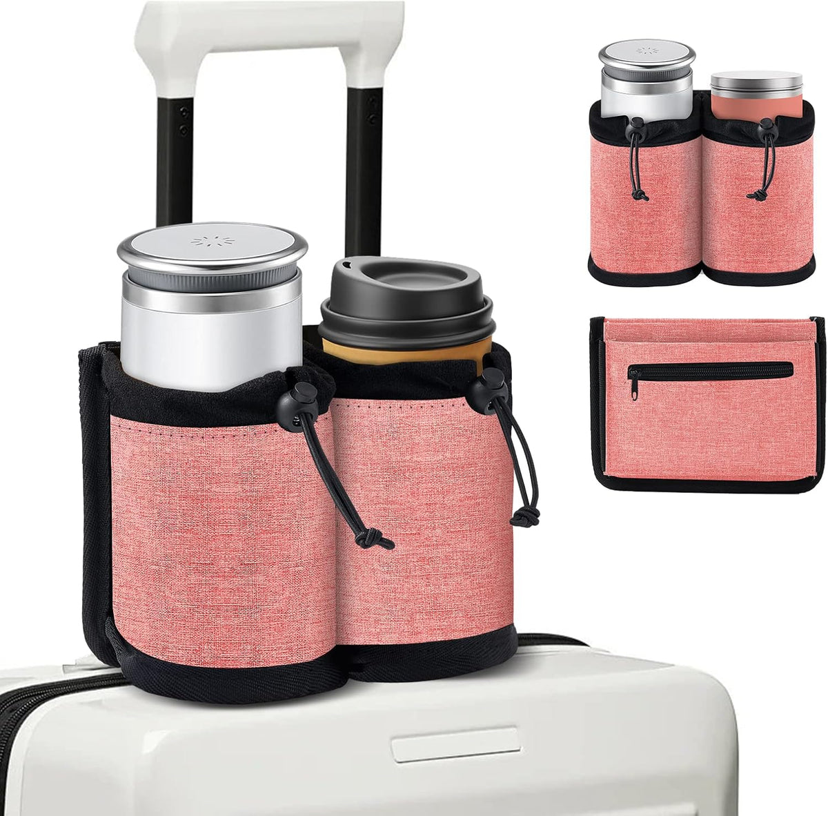 Luggage Cup Holder Travel Essentials Cup Holder, Hands-Free Drink Holder with 2 Coffee Mugs Tightening Drawstring, Accessory for Flying & Travelers - Travel Luggage Accessories (Grey)