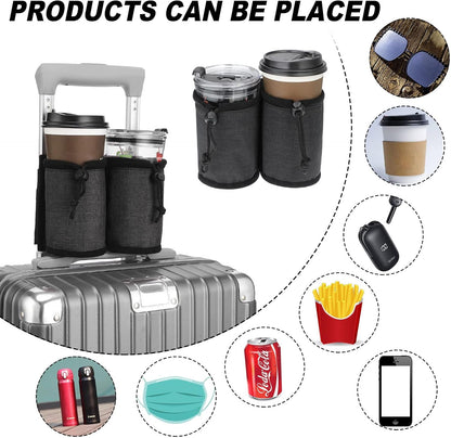 Luggage Cup Holder Travel Essentials Cup Holder, Hands-Free Drink Holder with 2 Coffee Mugs Tightening Drawstring, Accessory for Flying & Travelers - Travel Luggage Accessories (Grey)