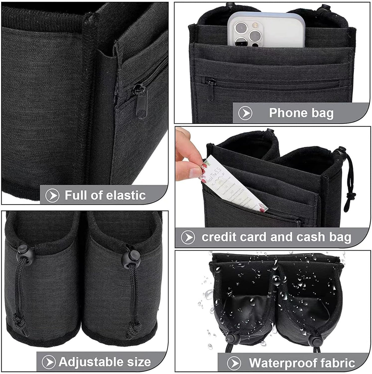 Luggage Cup Holder Travel Essentials Cup Holder, Hands-Free Drink Holder with 2 Coffee Mugs Tightening Drawstring, Accessory for Flying & Travelers - Travel Luggage Accessories (Grey)