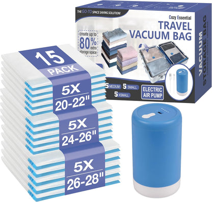 Travel Vacuum Storage Bags with Rechargeable Cordless USB Pump, 15 Combo