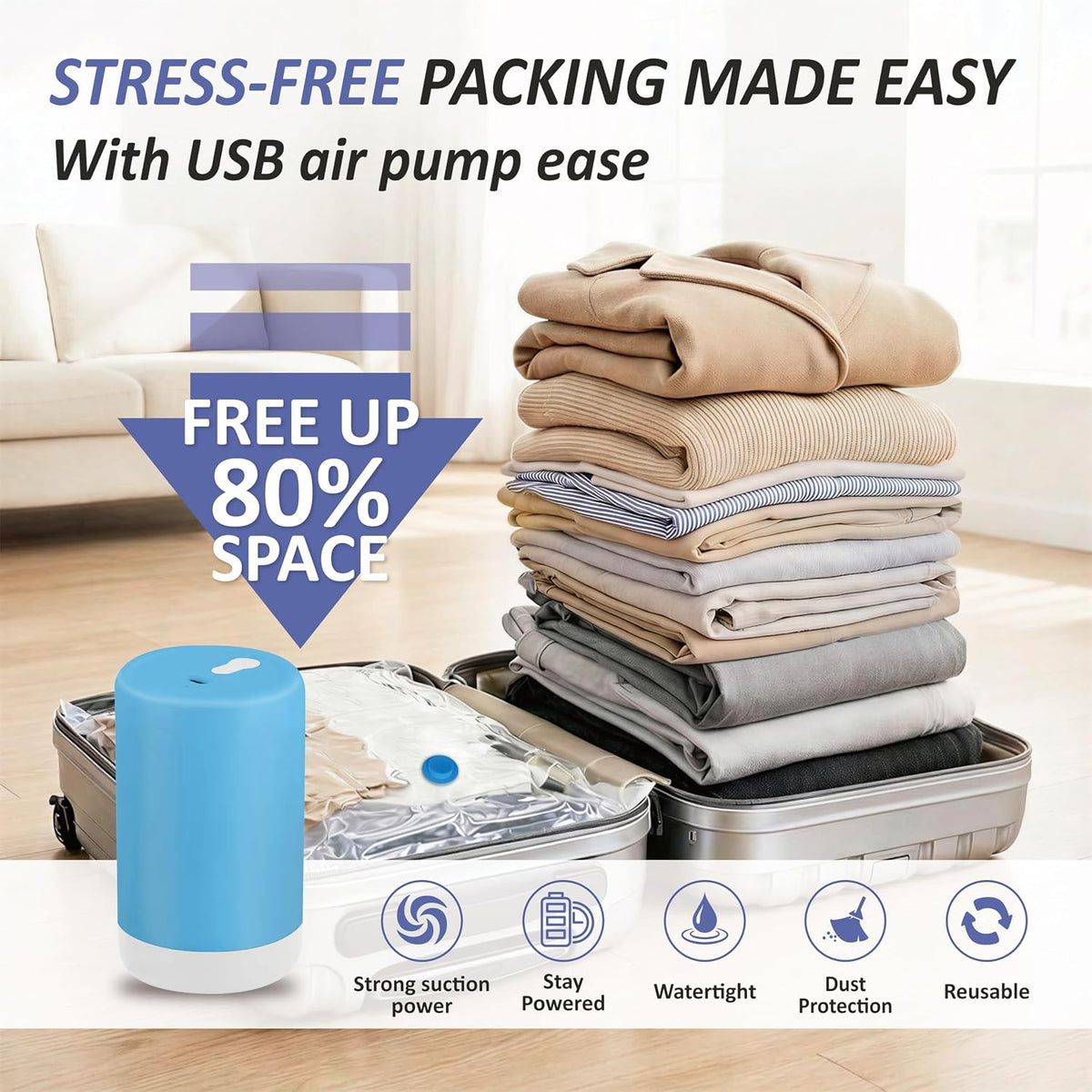 Travel Vacuum Storage Bags with Rechargeable Cordless USB Pump, 15 Combo